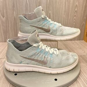 Nike Womens Free Run Flyknit 2017 Platinum Glacier Blue Knit Sneaker Shoe Sz 8.5